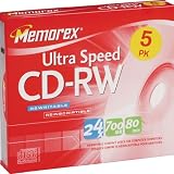 Memorex CD-RW Media 16X-24X  80MIN Ultra Speed with Slim Jewel Cases - 5 pack
