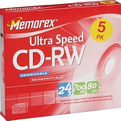 Memorex CD-RW Media 16X-24X  80MIN Ultra Speed with Slim Jewel Cases - 5 pack