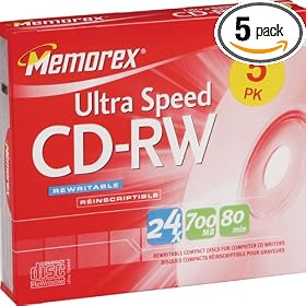 5PK CD-RW Media 16X-24X Only 80MIN Ultra Speed with slim Jewels