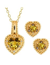 3.11 Ct Heart Shape Yellow Citrine 14k Yellow Gold Pendant Earrings Set