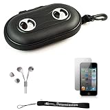 Black Portable Hard Case Cover Shell with Integrated Speakers for New Apple iPod Touch 4 ( 4th Generation 8GB 16GB 32GB ) + Includes Anti Glare Screen Protector Guard + Includes High Quality HD Noise Filter Earphones