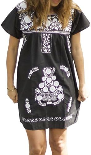 Liliana Cruz Embroidered Mexican Peasant Mini Dress (Black with White size Medium)