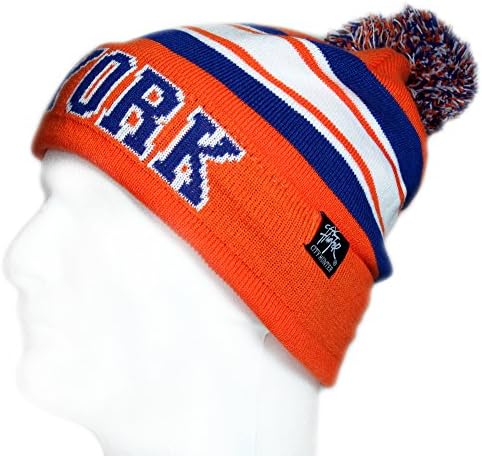 New York Thick Warm Cuffed Beanie Winter Hat Cap with Pom and Stripes One Size Adult ORANGE/BLUE