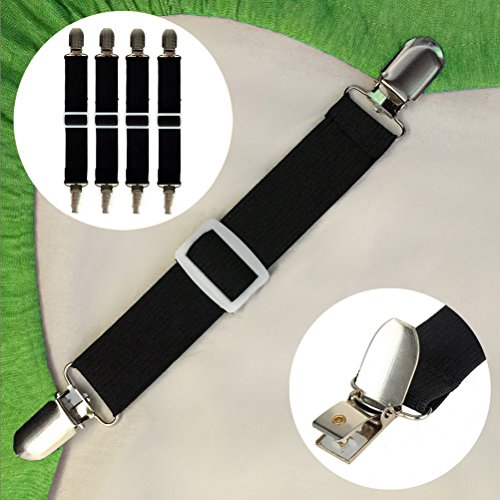 Sshining Adjustable Bed Sheet Fasteners Suspenders Strong Elastic Bed Sheet Cover Holder Clip Grippers (Set of 4, Black)