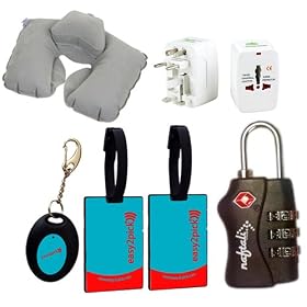The Ultimate Traveler's Bundle, Deluxe Edition, Luggage Locator Kit with Inflatable Double Layer Pillow, TSA 3 Combination Lock and Travel Adapter