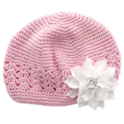 My Lello Infant Baby Girl's Crochet Beanie Hat with Flower Light Pink/White
