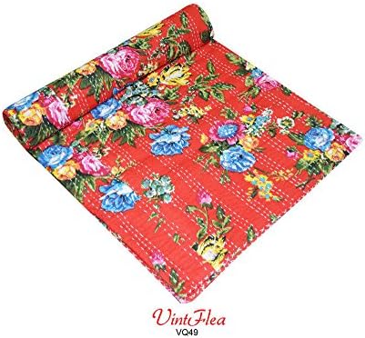 Handicraftshop Cotton Indian Kantha Quilted Bedspreads 90x108 IN Red