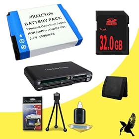 Halcyon 1500 mAH Lithium Ion Replacement Battery + 32GB SDHC Class 10 Memory Card + Multi Card USB Reader + Memory Card Wallet + Deluxe Starter Kit for GoPro HD Hero, HD Hero2, HD HERO Naked