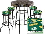 GREEN BAY PACKERS FOOTBALL Glass Top Chrome Bar Table Set With 4 Swivel Bar Stools