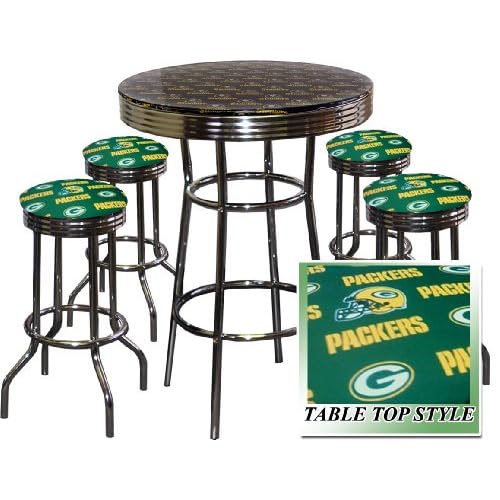 GREEN BAY PACKERS FOOTBALL Glass Top Chrome Bar Pub Table Set With 4