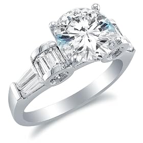 Size 4 - Solid 14k White Gold Round Brilliant Cut Solitaire with Baguette Side Stones Highest Quality CZ Cubic Zirconia Engagement Ring 2.5ct.