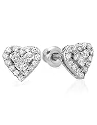 0.55 Carat (ctw) 10K White Gold Round & Princess White Diamond Heart Shaped Earrings