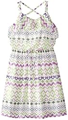 Girls Chiffon/Polyester Chevron Print   Dress With Ruffles