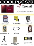 Nikon Coolpix S70 12.1MP Digital Camera (Red) + Ultimate Coolpix Accessory Package Includes 8GB Memory, Spare battery, 2 Year Warranty, Hard Case, Mini Tripod + More