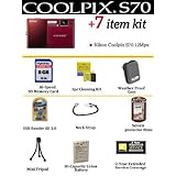 Nikon Coolpix S70 12.1MP Digital Camera (Red) + Ultimate Coolpix Accessory Package Includes 8GB Memory, Spare battery, 2 Year Warranty, Hard Case, Mini Tripod + More