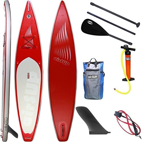 12'6" Inflatable Air SUP PaddleBoard Super Light board Set with Adjustable Black Vario Carbon Paddle, Carry Bag, Leash Cord, Fin By airSUP for Race training, cruising with family kids, Rigid @19.5 lbs