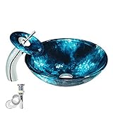 Tophome 洗面ボール　手洗い器　強化ガラス製彩色上絵洗面ボウル＆蛇口セット　洗面台　　排水金具付　ブルー