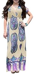 V-neck Short Sleeves Spring Summer Fall Elasticized   Waistline Paisley Maxi Dress 