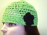 Cp156lb, Hand Crocheted Lime Green Gimp Skull Cap with Crocheted Light Black Gimp Rosette for Women, Teens and Petites.