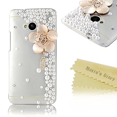 M7 Case, Htc M7 Case - Mavis's Diary 3D Handmade Bling Crystal Flower Sparkle Glitter Diamond Pearl Clear Case Hard Cover for HTC One 801e (HTC M7) with Soft Clean Cloth (One Case)