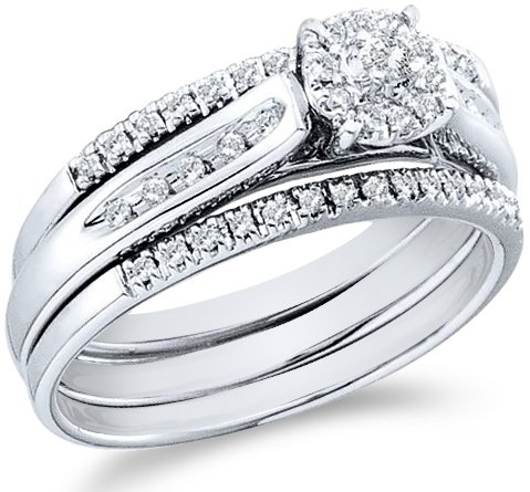 14k White Gold Diamond Ladies Womens Bridal Engagement Ring with 2 Matching Wedding & Anniversary Band Three 3 Ring Set Invisible Solitaire Style Center Setting with Side Stones Channel Set Round Brilliant Cut Diamond Ring 5mm (1/4 cttw, G - H Color, SI2 Clarity)