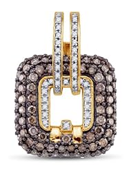 10K Yellow and White Two 2 Tone Gold Round Brilliant Cut Channel Set Chocolate Brown and White Diamond Square Pendant - (2.27 cttw.)