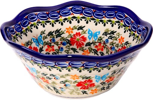 Polish Pottery Ceramika Boleslawiec,  0423/238, Bowl Viki 1, 3 1/4 Cups, Royal Blue Patterns with Red Cornflower and Blue Butterflies Motif