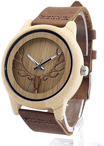 Mens Deer Head DesignBamboo Wooden Watches Japan Movement Quartz With Leather Casual Watch With Box