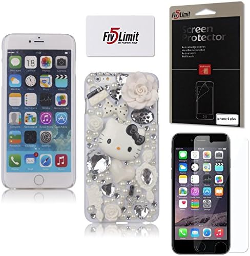iPhone 6 Plus Case, FiveLimit(TM) 3D Handmade Luxury Bling Rhinestone iPhone 6 Plus [5.5] Case Pearl Crystal Diamond Fairy-Tale White Hello Kitty Flower Diamond Case Cover (Package includes: 1 X Screen Protector) (White)