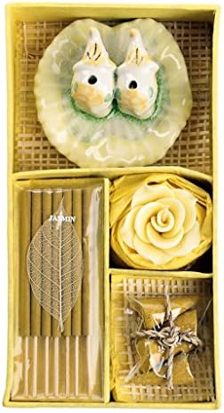 Thai Jasmin Fragrance Incense Set with Rose Candle and Incense Holders, Sticks, and Cones - Yellow