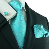Landisun 13C Light Blue Paisleys Mens Silk Tie Set: Tie+Hanky+Cufflinks