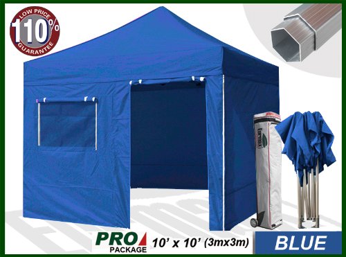 Eurmax Professional Ez Pop up Canopy Tent Gazebo with Walls and Wheeled Bag Bonus Awning (10x10 Feet, Blue) (Industrial Grade)