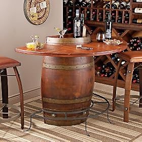 Vintage Oak Half Wine Barrel Bar and Stools with Leather Seats by The Wine Enthusiast