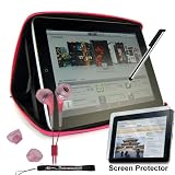 Premium Slim Hard Nylon Carrying Cube Cover Case for Apple iPad WiFi / 3G 16GB 32GB 64GB + Includes a 4-inch eBigValue (TM) Determination Hand Strap + Anti-Glare Screen Protector for IPad Tablet (All Models) + Fashion Earbud Headset Headphones 3.5mm In-Ear Stereo ( Pink ) + Premium Quality Metal Stylus Styli for Apple iPad