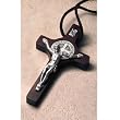 Saint Benedict 3" Dark Brown Wood Cruifix with Silver Medallion & Corpus - Cord Necklace - Made in Italy