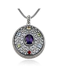 Sterling Silver Oxidized Multi-Gemstone Round Pendant Necklace , 18"