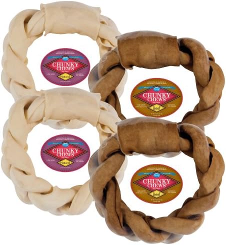 Chunky Chews® 8" Beef & Natural Braided Rawhide Rings for Large Dogs, 4-Ring Combo Pack