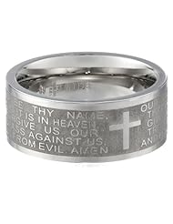 Stainless Steel with "The Lords Prayer" and Cross in Spanish Ring, Size 6