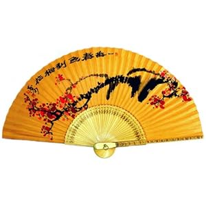 Hand Painted Folding Red Plum Flower Painting Korean Mulberry Rice Paper Dyed with Yellow Soil Bamboo Art Wooden Asian Oriental Wall Deco Handheld Decorative Fan