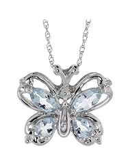 10k White Gold 18 in. Thin Chain & 1/2 in. (13mm) tall Butterfly Pendant, w/ 1.00 Total Carat Pear & Marquise-shaped Aquamarine Stones, & Brilliant Cut Diamonds