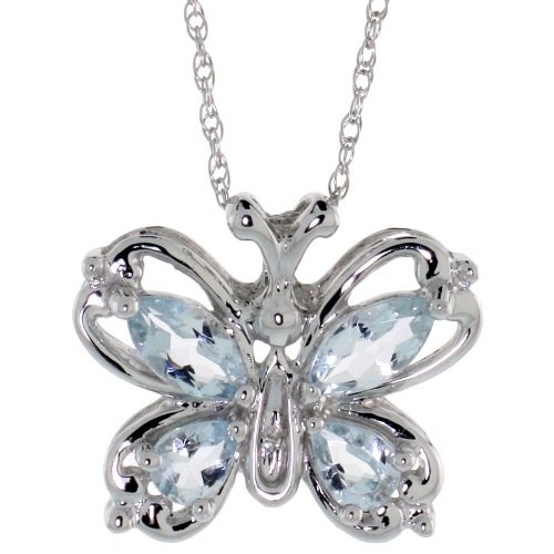 10k White Gold 18 in. Thin Chain  1/2 in. (13mm) tall Butterfly Pendant, w/ 1.00 Total Carat Pear  Marquise-shaped Aquamarine Stones,  Brilliant Cut Diamonds