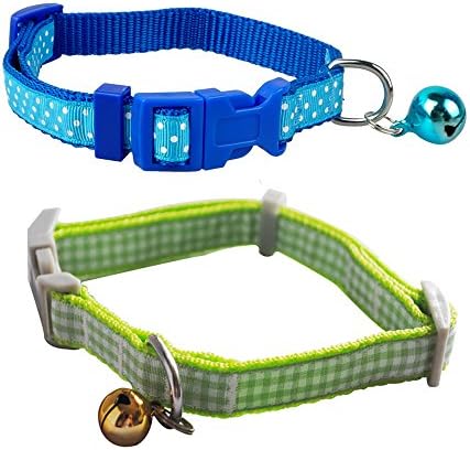 Karlotte Pet 3/8" Pack of 2 Polka Dot and Plaid Print Adjustable Nylon Cat Kitten Collars with Cute Bell