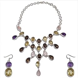 Valentines Gift for Her Silver Multi Gem Necklace Earrings (gnklcs374)