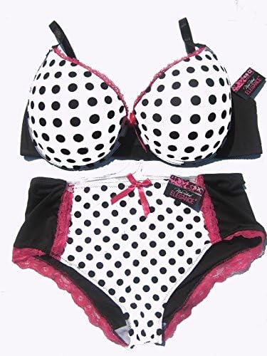 NYE Sexy Plus Size Satin Polka Dot Molded Cup Bra & Bikini Set (44D, Pink Black with Ivory)