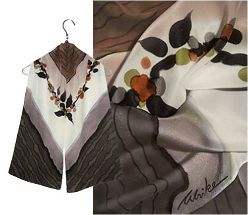 ULRIKE Oblong Flat Crepe Silk Scarf - Blacks, charcoals, and ivory with muted stripes of stone gray and powdered rose, accented with a quiet burnt orange and olive.