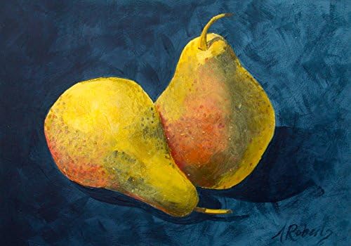 Two Pears-Original Hand Painted Still Life-Yellow-Blue-5x7