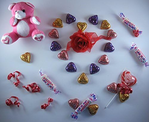 Valentine Gift Box. Bundle of 6: Plush Teddy, Chocolate Hearts, Smarties, Swirl Pop and a Red Rose with a Valentine Bag (Pink)