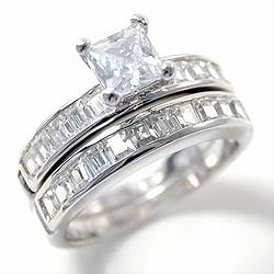 Double Band Sterling Silver Engagement Wedding Ring Set With Baguette-Cut Crystals -- Size 6