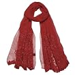 100% Silk Crepe Embroidered and Beaded Flower Hand Rolled Wavy Edges Long Scarf Shawl - Red