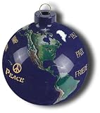 Earth Ornament, Peace In Many Languages, Glass With Natural Earth Continents, 50 Rivers, 2.5 Inches